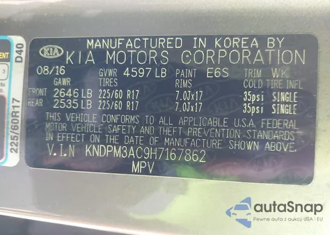 2017 Kia Sportage Lx z USA, uszkodzony, nr VIN KNDPM3AC9H7167862